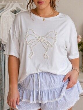 Coquette White Tee with Pearl Bow Detail